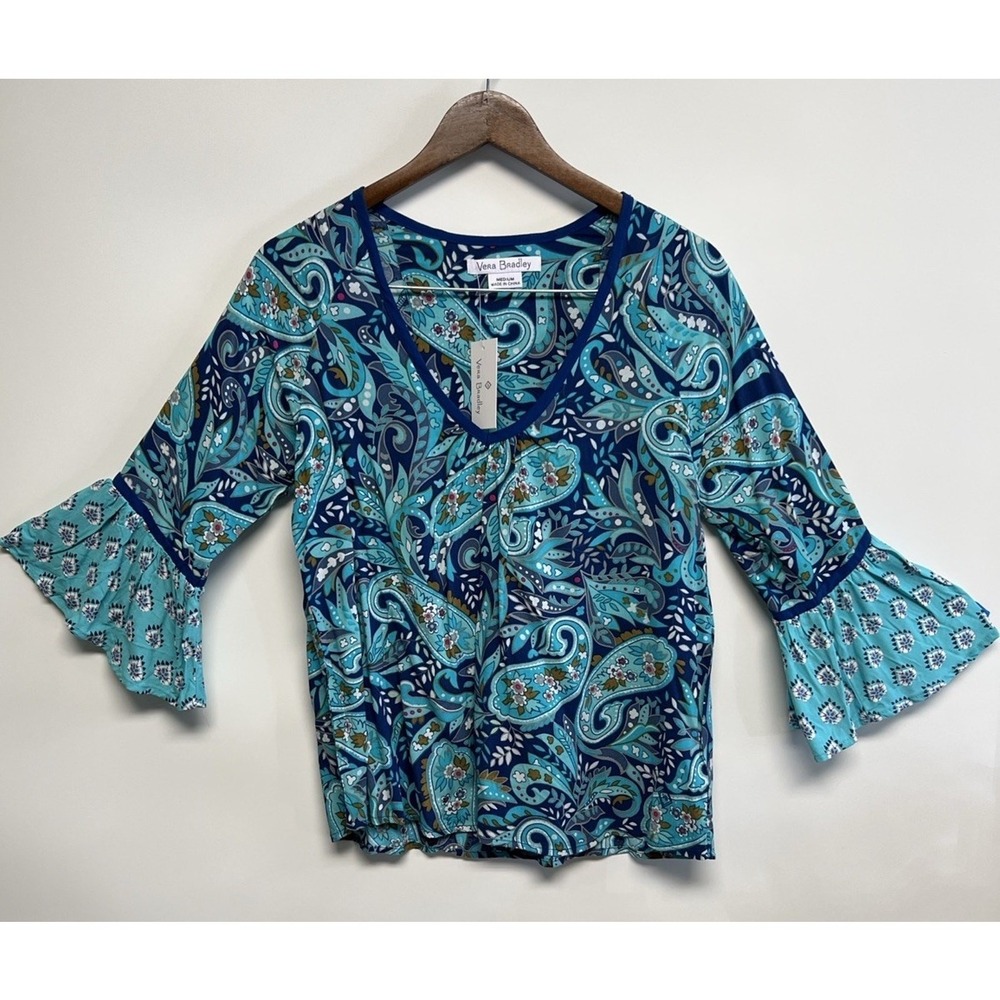 NWT Vera Bradley Medium Paisley Floral Print Blue Bell Sleeve V-Neck Boho Hippie